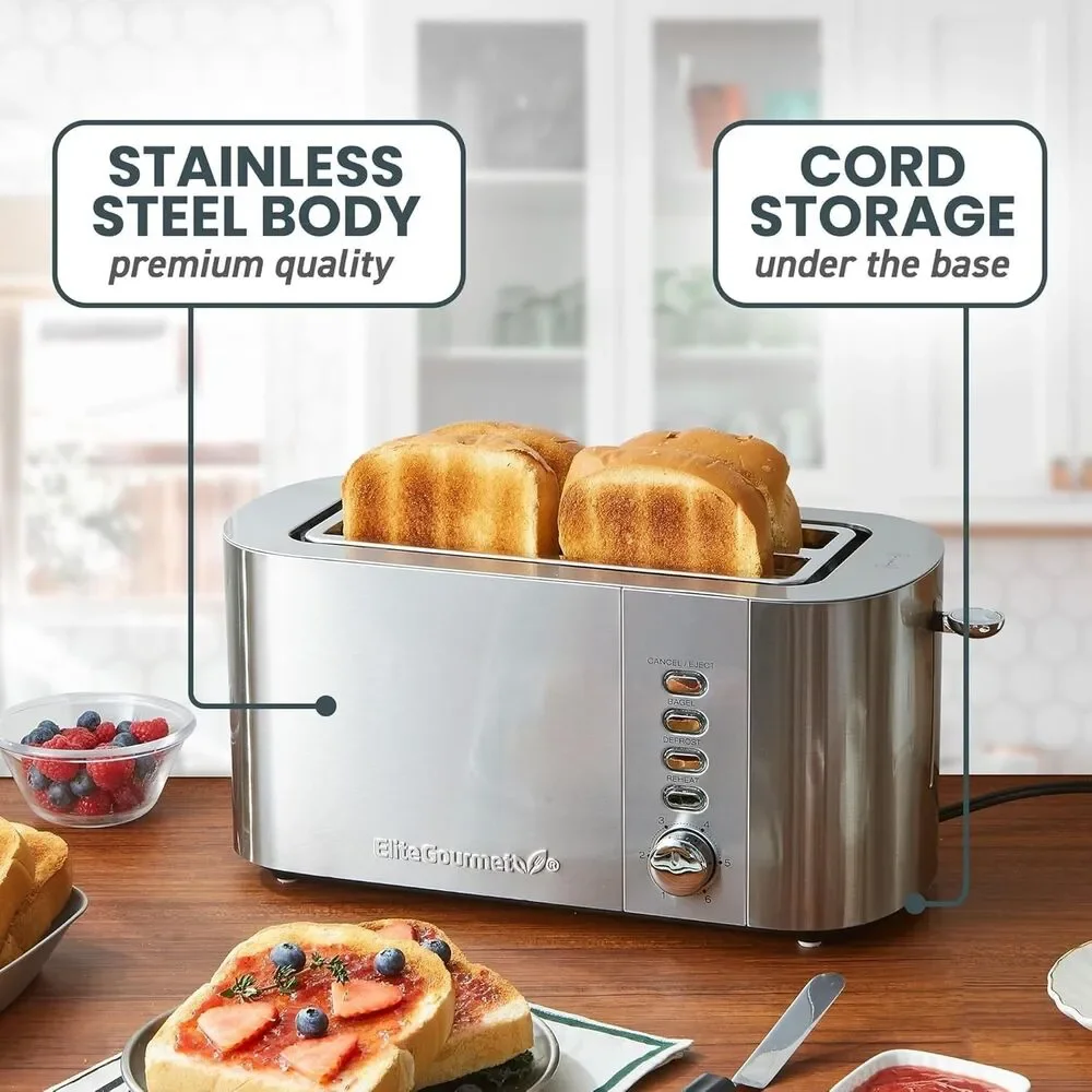 Elite Cuisine ECT4123 Long Slot 4 Slice Toaster, Extra Large Slots for Bagels